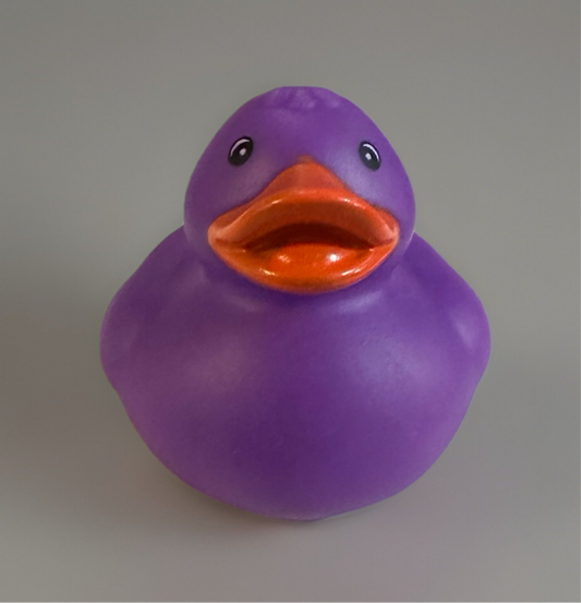 Purple rubber duck gift with bright orange beak from Reed’s Rubber Ducks and Sensory Shop