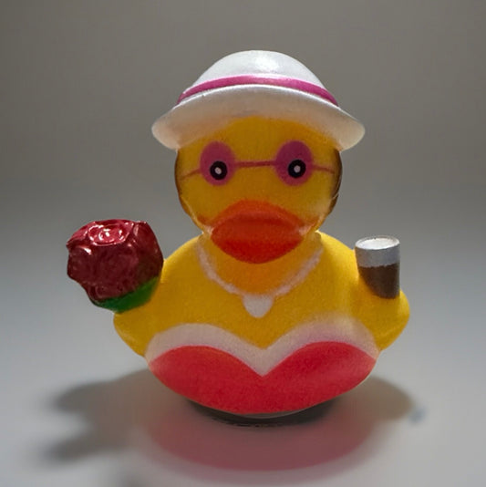 Red bouquet rubber duck gift wearing white hat and glasses holding red rose and coffee cup