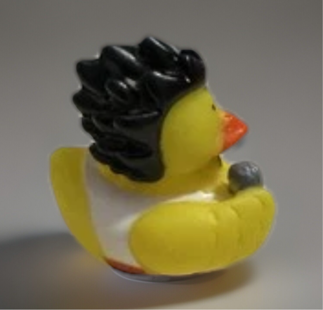 Rock and roll rubber duck toy with black spiked hair and a microphone from Reeds Rubber Ducks and Sensory Shop