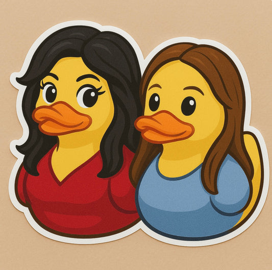 Rory and Lorelai novelty sticker featuring two rubber ducks dressed as women with black and brown hair