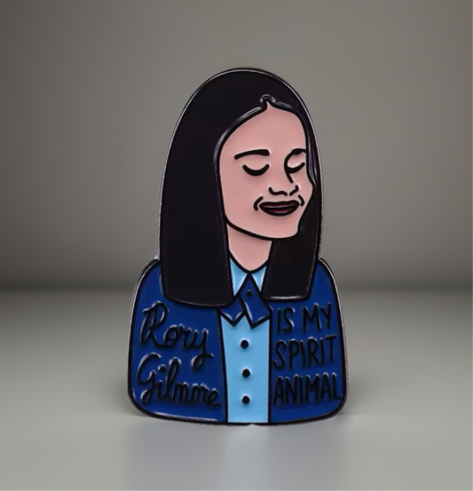 Rory Gilmore lapel pin featuring a cartoon portrait and text saying Rory Gilmore is my spirit animal