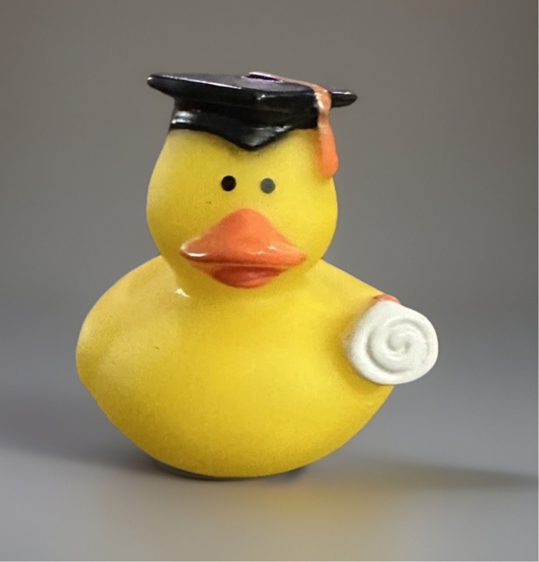 Yellow 2 inch graduation duck wearing a black graduation cap and holding a white diploma scroll
