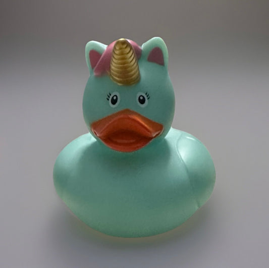 Sea foam unicorn rubber duck with golden horn and pink mane from Reed’s Rubber Ducks and Sensory Shop