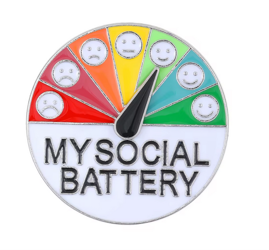 Silver mood lapel pin shaped like a social battery meter with colorful mood faces
