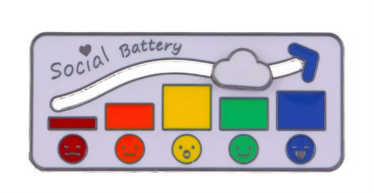 Social battery lapel pin with colorful battery levels and expressive faces by Reeds Rubber Ducks and Sensory Shop