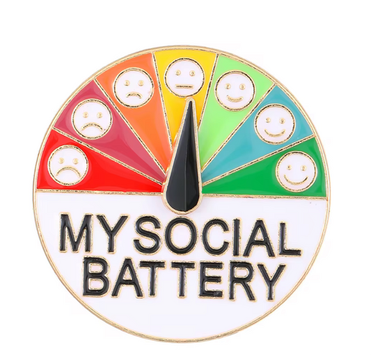 Colorful social battery lapel pin showing different mood faces with black pointer and text My Social Battery