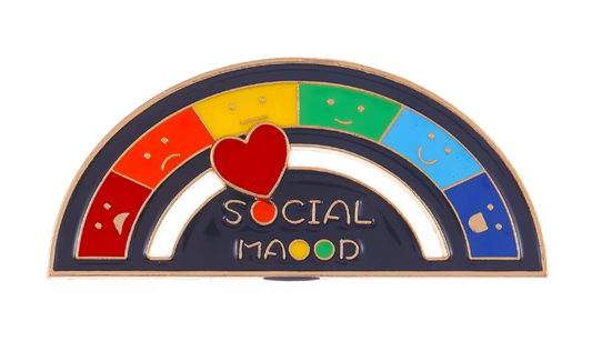 Colorful social mood lapel pin with rainbow design and red heart from Reeds Rubber Ducks and Sensory Shop