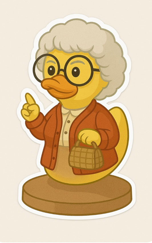 Sophia rubber duck decal dressed as an elderly lady with glasses, gray hair, and a brown cardigan