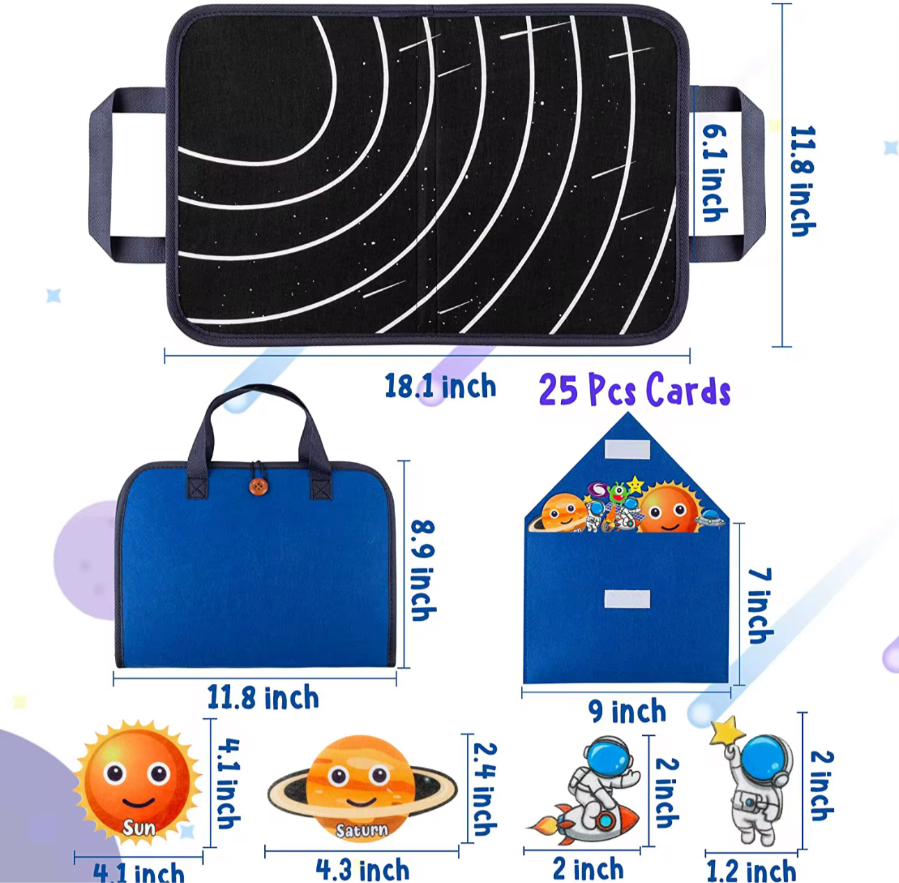 Space Montessori busy board with planet cards sun and saturn along with astronaut figurines and carrying case