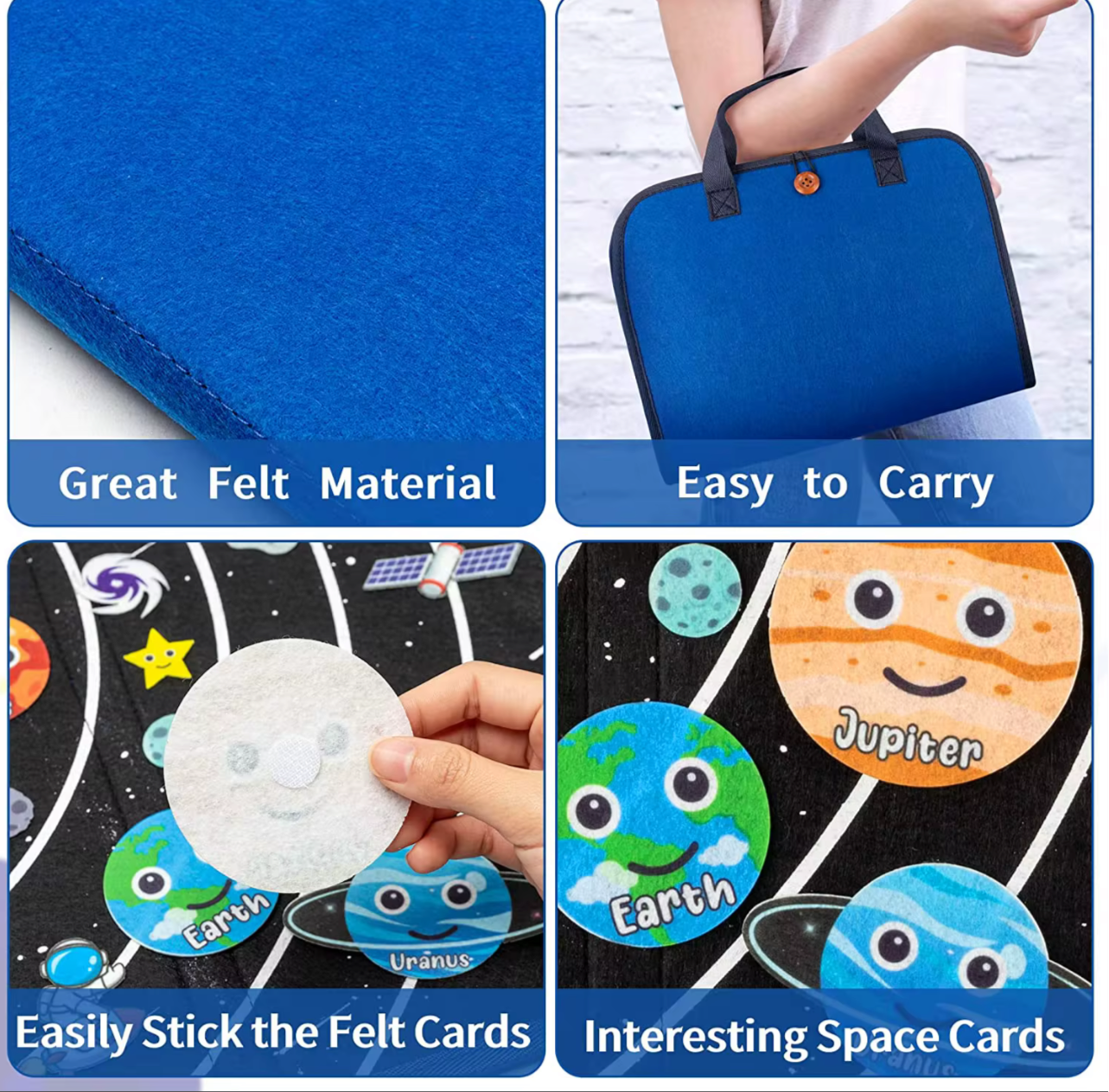 Space Montessori busy board with felt planets and cards featuring Earth, Jupiter, and Uranus in a portable blue felt case