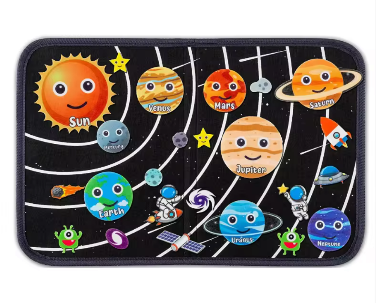 Colorful space Montessori busy board featuring smiling planets, astronauts, and space elements on a black background