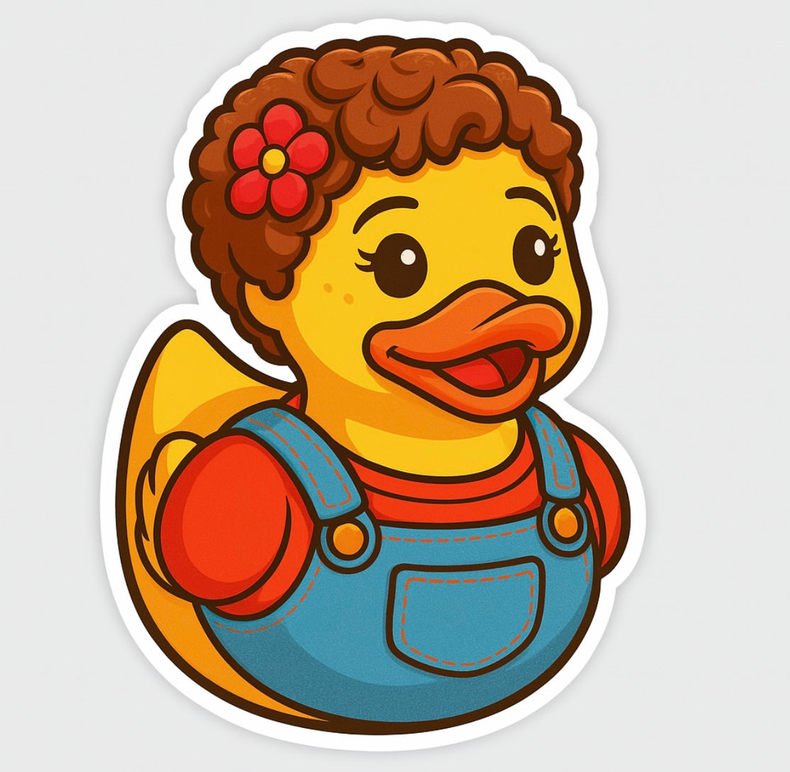 Tai character Clueless rubber duck decal featuring a yellow duck with curly hair and red flower wearing blue overalls