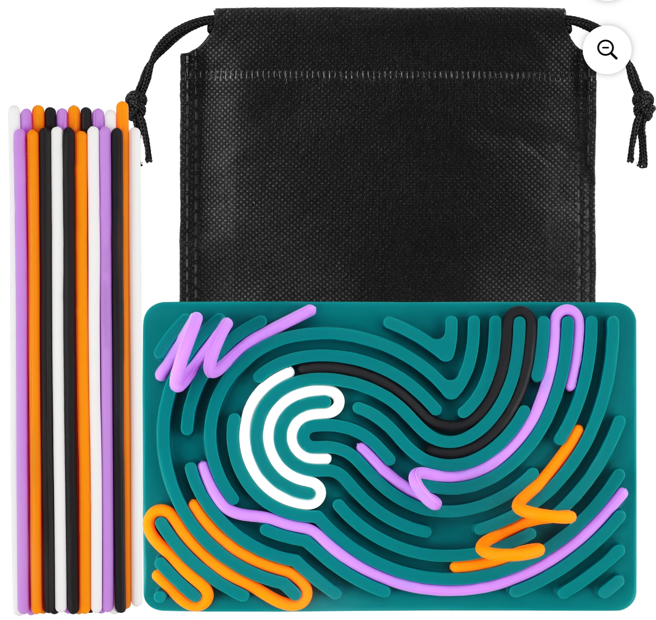 Teal sensory activity mat with colorful bendable sticks and black storage pouch from Reed’s Rubber Ducks and Sensory Shop