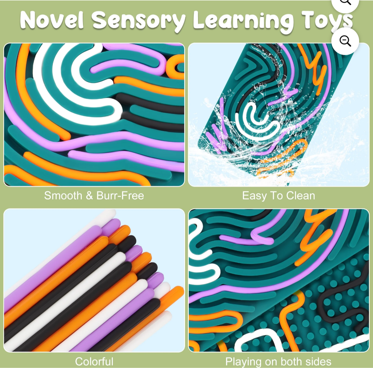 Close-up details of a teal sensory activity mat showing smooth colorful textured patterns easy to clean and playable on both sides