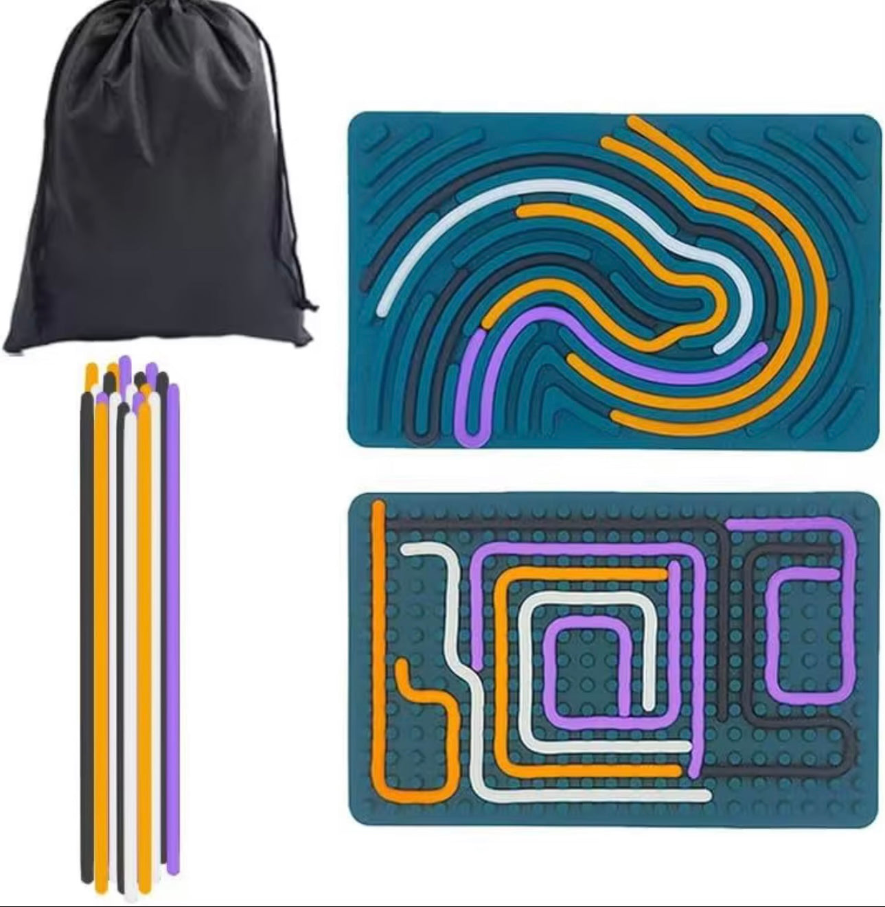 Teal sensory activity mat with colorful removable sticks and black storage bag for tactile play