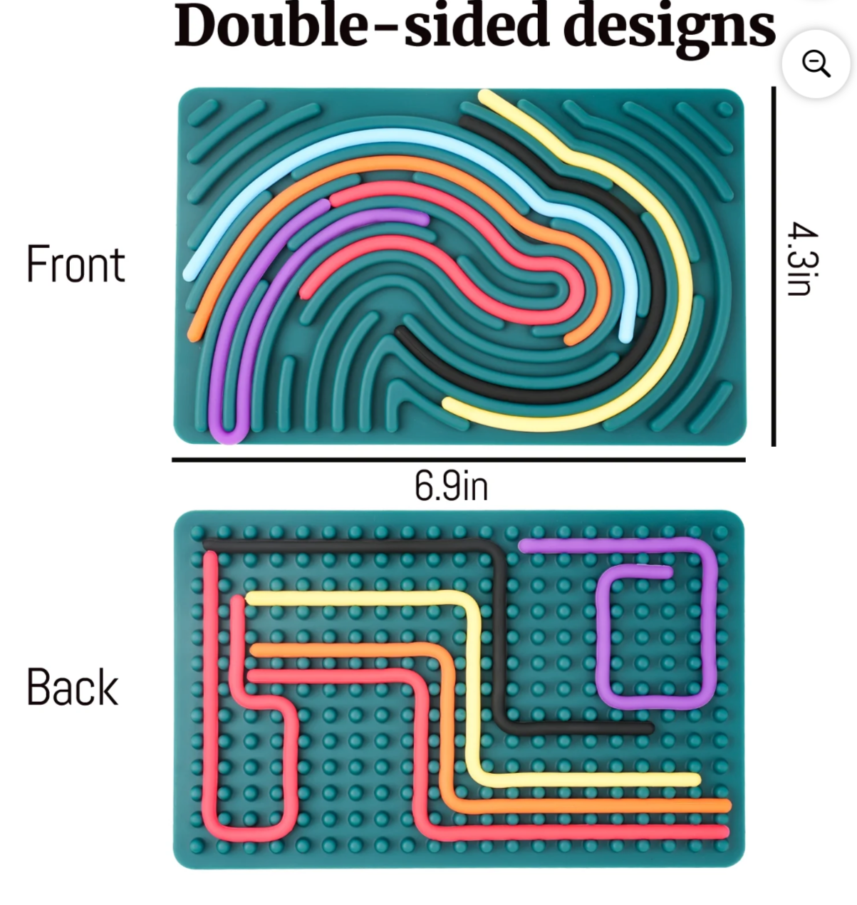 Teal sensory activity mat with double-sided designs featuring colorful raised patterns and lines