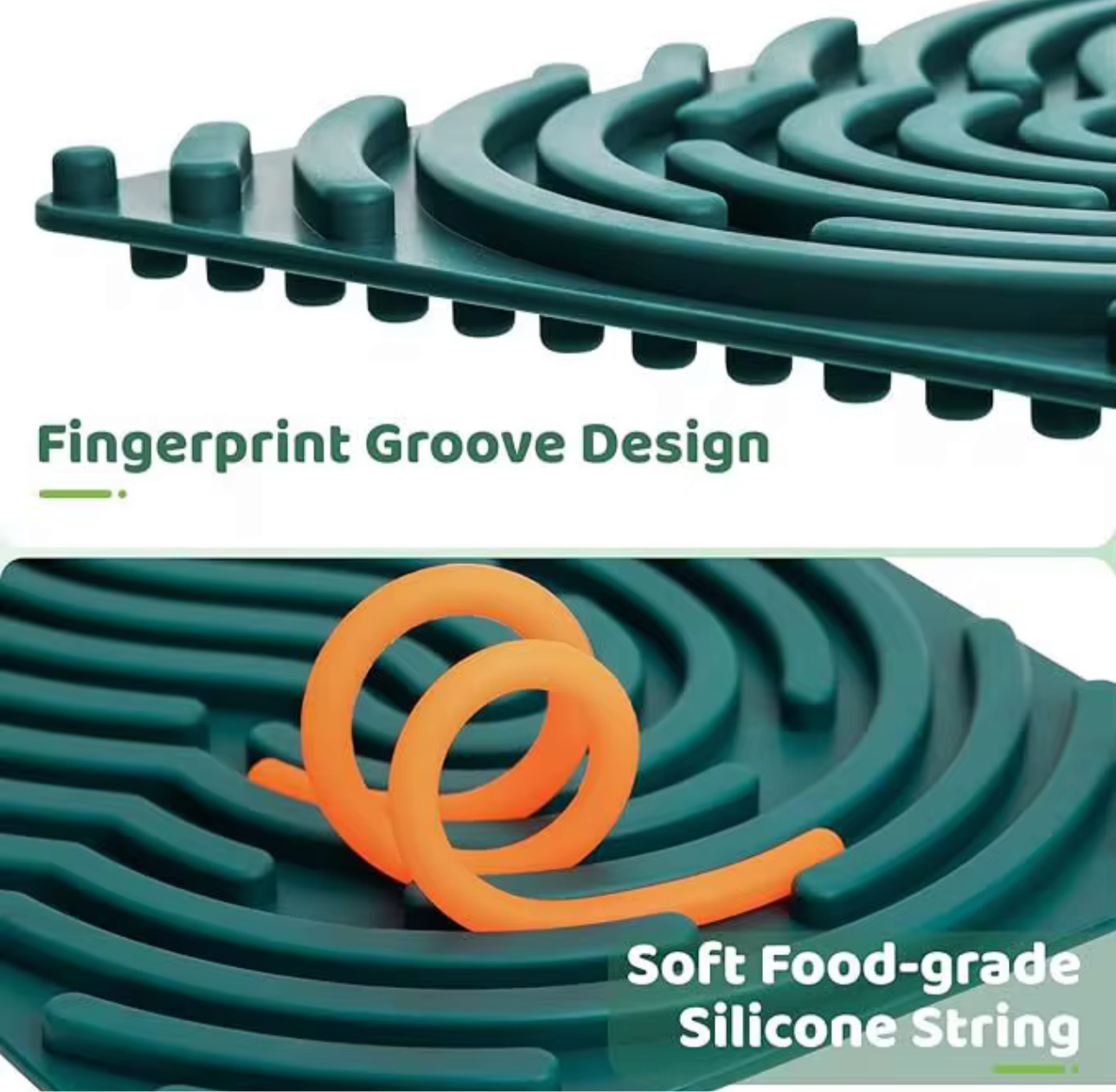 Teal sensory activity mat with fingerprint groove design and soft food-grade silicone string