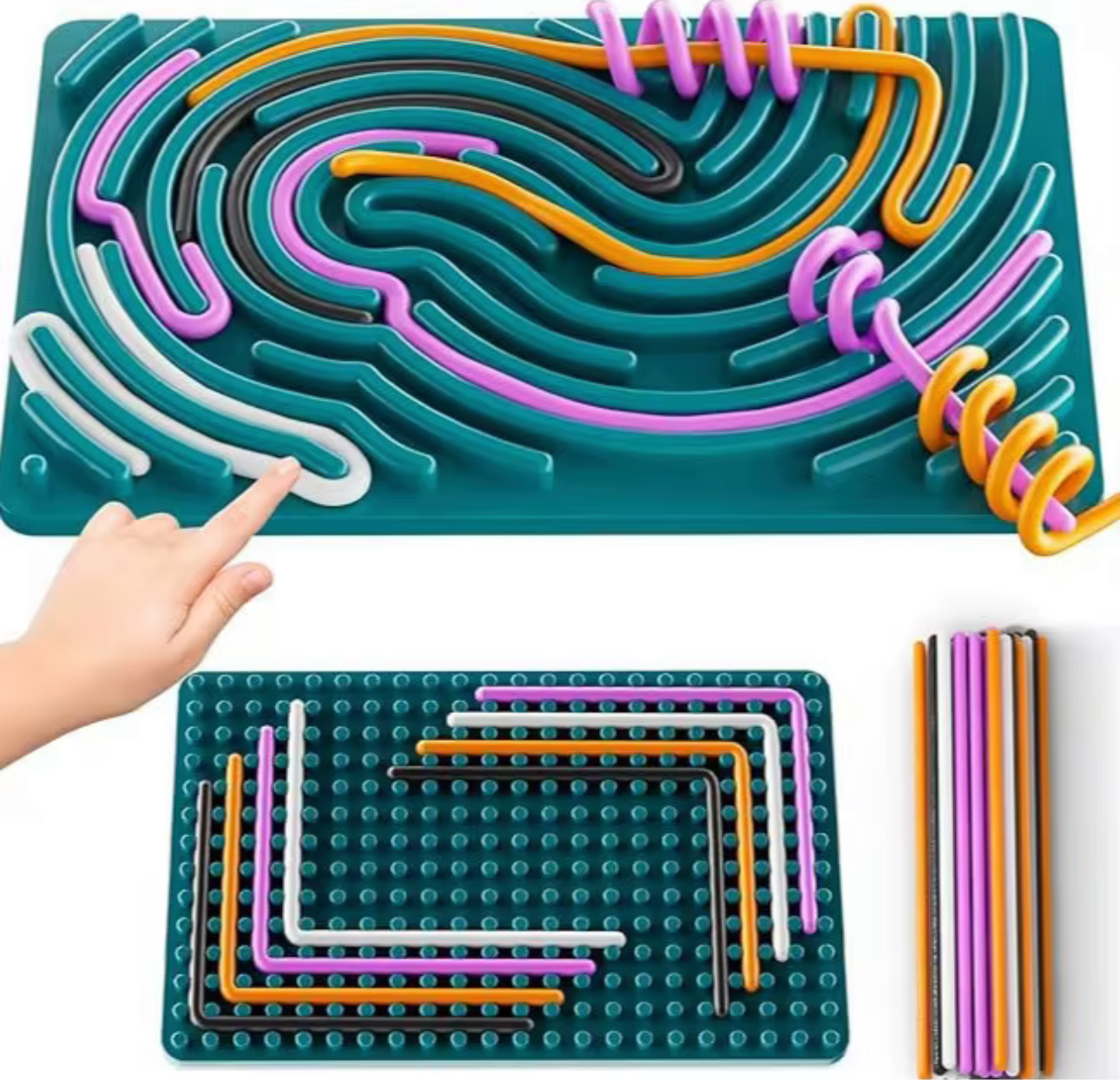Teal sensory activity mat with colorful bendable rods for creative sensory play from Reed’s Rubber Ducks and Sensory Shop