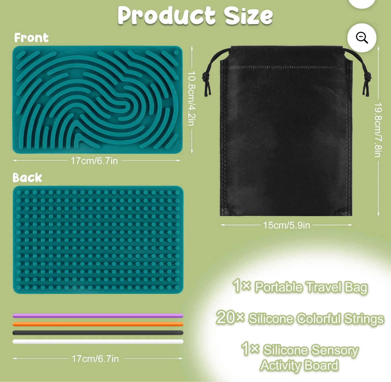 Teal sensory activity mat with maze design, textured back, colorful silicone strings, and black portable travel bag