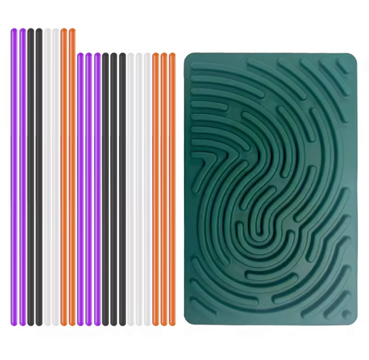 Teal sensory activity mat with swirl pattern alongside colorful sensory sticks for tactile play
