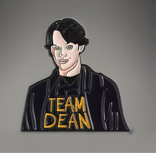 Team Dean enamel pin featuring a stylized character with black hair and jacket from Reeds Rubber Ducks and Sensory Shop