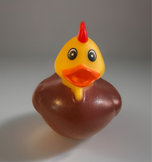 Turkey rubber duck with yellow head, red comb, and brown body from Reed's Rubber Ducks and Sensory Shop