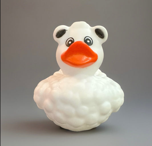 White sheep rubber duck with orange beak and black eyes from Reed’s Rubber Ducks and Sensory Shop